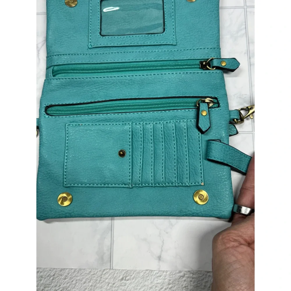 Joy Susan Teal Vegan Leather Crossbody Bag Organizer Wallet Clutch Teal Blue